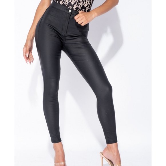 Black Vegan Leather High Waist Coated Skinny Pants - Picture 2 of 8